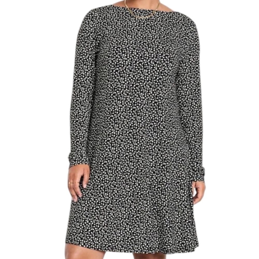 Wmns Old Navy Ditsy Floral Swing Dress Sz LG Blk Low Back Dark Feminine Office